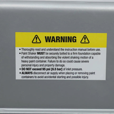 Warning label on Solid As A Rock Air Operated Paint Shaker emphasizing safety instructions and usage guidelines.