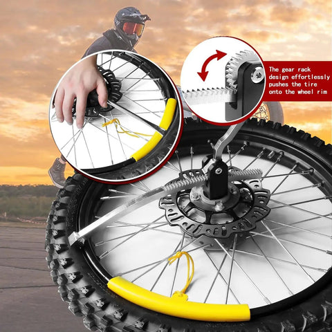 Heavy Duty Dirt Bike Tire Changing Kit For 16 To 21 Inch Wheels with gear rack and rim protector detail on tire