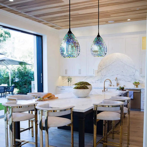 Modern 3D Pendant Lights For Kitchen Island Set Of 2 Dope Colorful Glass Pendants With Clear Globe Shades in a modern kitchen.