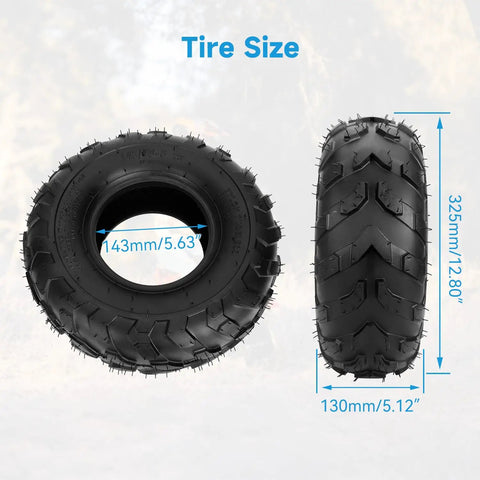 All Terrain Tire 145/70-6 For Mini Bikes And Go Karts, dimensions shown with front and side view against background.