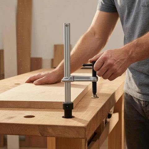 Quick Release Insertion Clamp For Workbench And T Bar Holes Heavy Duty Ratchet Table Clamp In Hardened Steel 160 By 80 Base With 16mm Insert Keeps Woodworking And Metalworking Parts Solid And Secure. Clamp on workbench holding wood panel