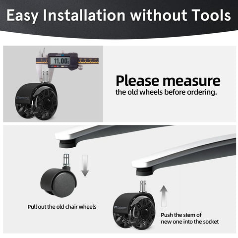Image showing installation instructions for 2.5 Inch Heavy Duty Office Chair Caster Wheels Set For Carpet And Hardwood Floors Universal 11x22mm Fits 99 Percent Of Chairs With Smooth Rolling And Floor Safe Soft Rubber Treads Black