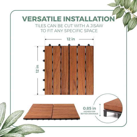 Interlocking Acacia Wood Deck Tiles Pack Of 10 12x12 Inches Waterproof All Weather Outdoor Patio Flooring for versatile installation.