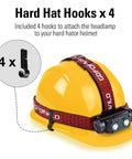 Rechargeable 1000 Lumen Metal Headlamp With Motion Sensor on yellow hard hat, includes four hard hat hooks.