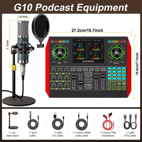 All In One Podcast Studio Bundle With Live Sound Mixer And 3.5mm Condenser Microphone P15 For PC And Phone For Live Streaming Singing Gaming Voice Changer And Denoise, including mic, mixer, and accessories.