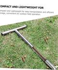 Stainless Steel Soil Sampler Probe with T-Handle on grass for easy garden, lawn care, and farm soil testing, lightweight design.