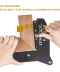 Hands using Miter Max Corner Clamp Pro Grade for woodworking, clamping corner joint tight, showing fast locking mechanism in action.