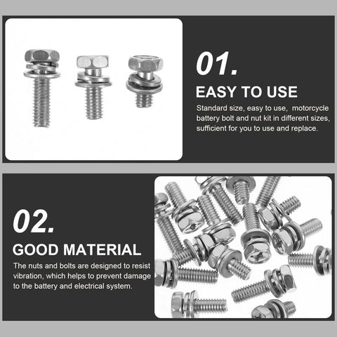 18 Piece Stainless Steel M6 Motorcycle Battery Bolt Kit With Nuts And Washers featured with easy-to-use description.