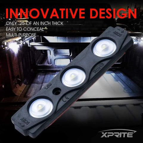 Close-up of 24-LED White Truck Bed Light Kit in truck bed, showcasing innovative design and waterproof IP67 features.