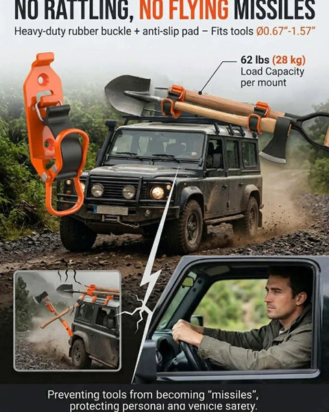 Shovel And Axe Mount Kit For Truck Roof Racks And Garage Organization Quick Release Tool Clamps Overlanding Gear Holder Bed Or Wall Mounted Bracket Heavy Duty Metal Rubber Construction Red Four Pack on off-road vehicle.