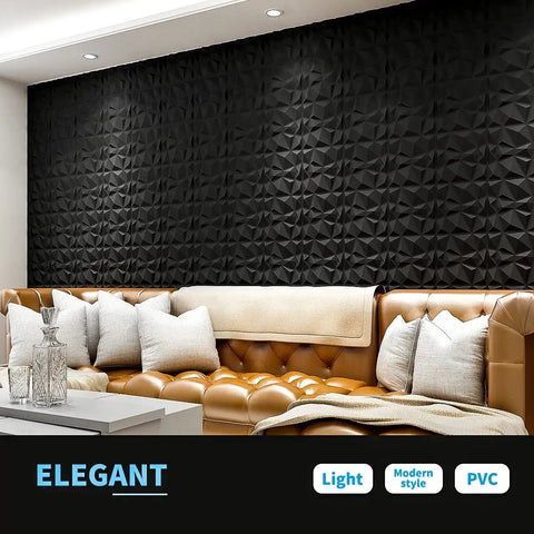 Diamond Pattern 3D Wall Panels Matte Black 12x12 Inch PVC Tiles 33 Pack Easy DIY Install Fire Resistant Covers 32 Sq Ft Slick Modern Accent Wall for Living Room Bedroom Kitchen Home and Office Decor