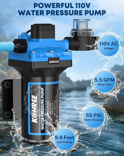 Tough As Nails 110V AC Water Pressure Pump featuring 5.5 GPM flow, 55 PSI pressure for home, garden, and RV use.