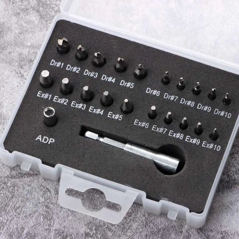 Premium 22 Piece Damaged Screw Remover Set With High Speed Steel Sockets And Bit Holders For Stripped Bolts Quick Extraction Kit Perfect DIY Home Repair Tools, case with bits