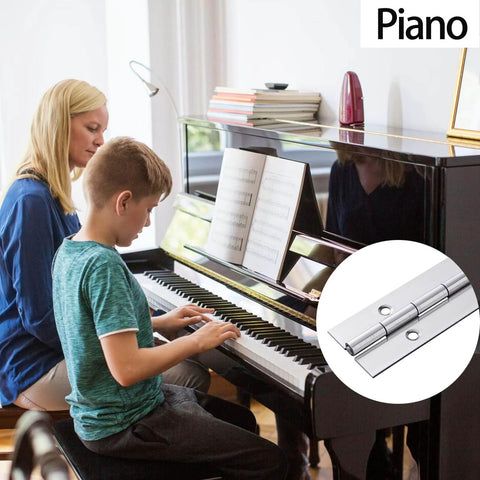 Woman and child playing piano with inset image of Heavy Duty 36 Inch Piano Hinge 0.060 Inch Stainless Steel 304 Continuous Hinge With Holes.