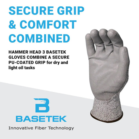 Hammer Head 3 Basetek Protective Work Gloves With HDPE A3 Basetek Liner showcasing PU-coated grip for secure handling