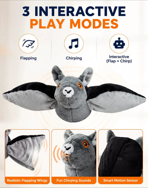 Flying Bat Dog Toy With Motion Activated Rechargeable Power, Interactive Indoor Outdoor Toy For Cats And Dogs With Realistic Flapping Wings And Pet Hair Removal Glove, plush bat toy with 3 play modes