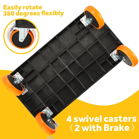 Heavy Duty Plastic Utility Cart 34 By 17 Inches With Deep Shelves And Full Swivel 6 Inch Casters showing underside wheels
