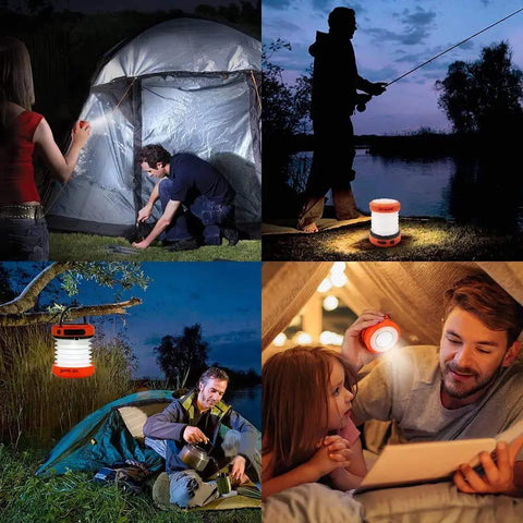USB Rechargeable Camping Lantern With Hand Crank, Collapsible LED Light in use during night hiking, tent setup, and camping.