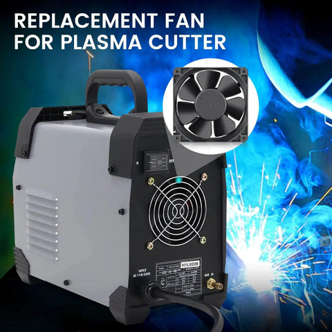 Beefy 120x120x38mm 24V Brushless DC Industrial Cooling Fan beside plasma cutter, replacement use visible