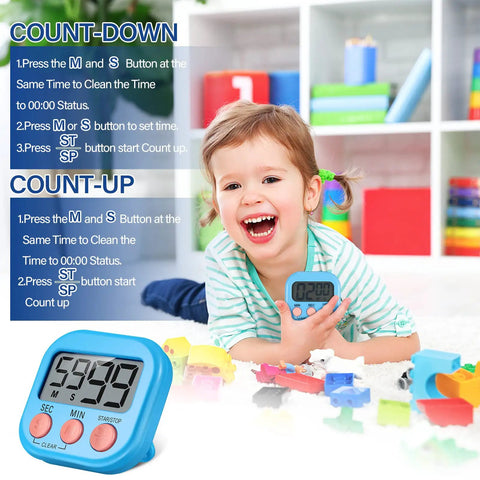 Child holding a blue timer from Set Of 30 Multicolor Digital Kitchen Timers With Magnetic Mount Loud Alarm And Big Digits Countdown To 99 Minutes 59 Seconds Lit, surrounded by toys.