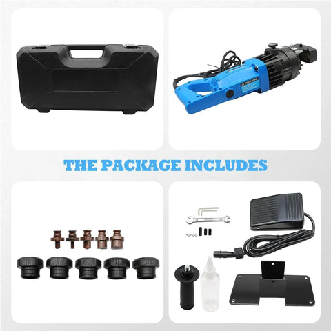 Package contents of Electric Hydraulic Hole Punch Tool 1200W 110V Heavy Duty Beast, includes punch tool, accessories, and carrying case