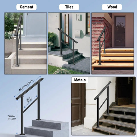 Built Tough Outdoor Handrails For One To Two Steps With No Sweat Setup Adjustable Angle Black Iron Stair Railing Kit for various surfaces.