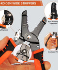 Close-up of Five In One Wire Stripper And Crimping Tool For Ten To Twenty Two AWG Electrical Wires with safety lock and orange handles