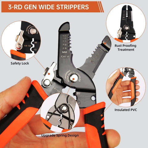 Close-up of Five In One Wire Stripper And Crimping Tool For Ten To Twenty Two AWG Electrical Wires with safety lock and orange handles
