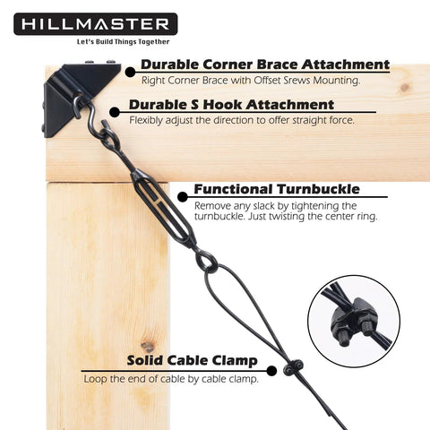 Heavy Duty Anti Sag Gate Kit For Wooden Fences Featuring Rust Resistant Zinc Cable Rigging To Keep Your Backyard Gate Straight And Tight Quick Fit Outdoor Repair Fix Black Two Pack components including turnbuckle and cable clamp.