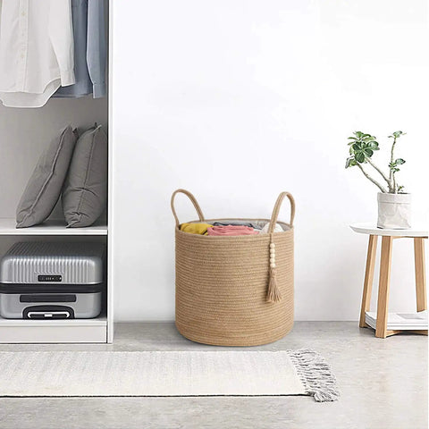 Woven Rope Storage Basket With Handles For Blankets, Toys, Clothes And Plants, Natural jute bin in living room setting