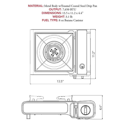 Diagram of a portable butane camping stove with case auto ignition and precise heat control for camping and tailgating boils water quick 7650 BTU CSA certified high efficiency stove works with 8 ounce canisters fuel sold separately showing dimensions and weight.