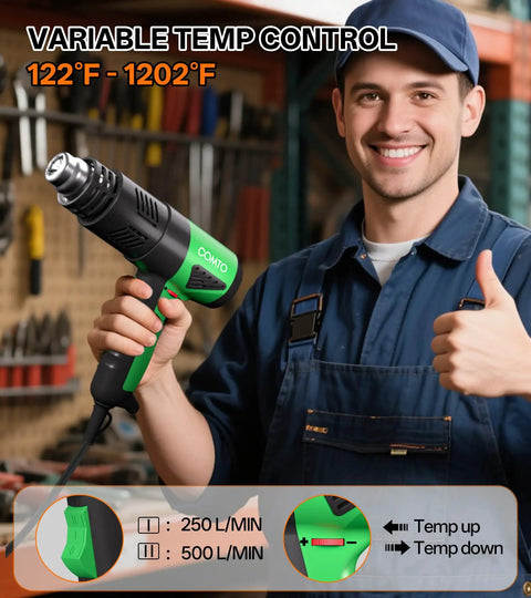 Man in workshop holding 1800W Industrial Heat Gun With Lightning Fast Heat Up 122F To 1202F Variable Temperature Control SG1004
