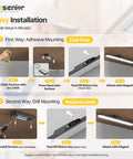 Steps showing tool-free installation of motion sensor light bar with rechargeable battery, dimmable under cabinet lighting using adhesive mounting.