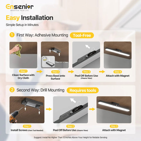 Steps showing tool-free installation of motion sensor light bar with rechargeable battery, dimmable under cabinet lighting using adhesive mounting.