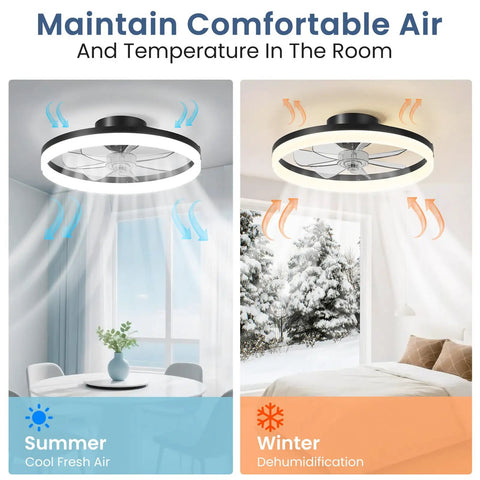 Slick 20 Inch Low Profile Ceiling Fan With Dimmable Led Light, Smart Remote And Phone App Control, Fast Fold Blades For Killer Airflow Indoors On Repeat showing summer and winter airflow.