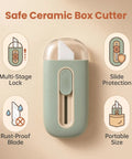 Grab-And-Go Safe Ceramic Box Cutter With Retractable Blade Mini Package Opener For Home Office And Warehouse Use Lightweight Ergonomic Green Tool, portable size