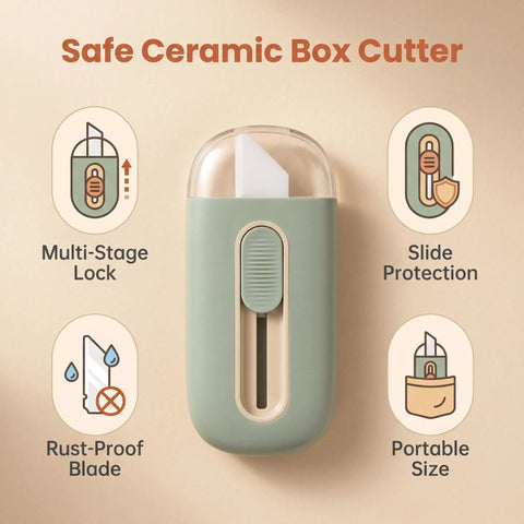 Grab-And-Go Safe Ceramic Box Cutter With Retractable Blade Mini Package Opener For Home Office And Warehouse Use Lightweight Ergonomic Green Tool, portable size