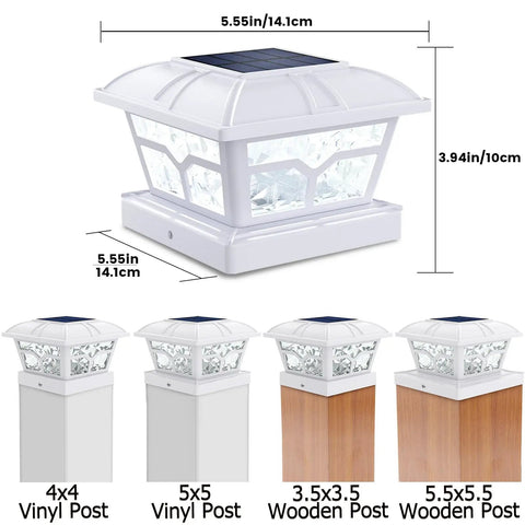 Solar Post Cap Lights For 4x4 5x5 6x6 Posts, 8 LED Outdoor Fence Deck Pathway Lights, seagull design, dimensions shown