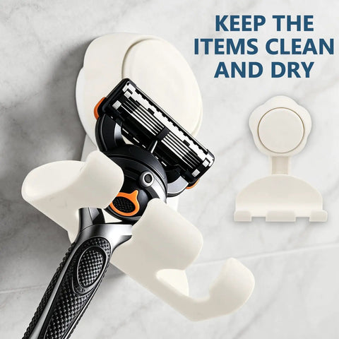 Hassle Free Heavy Duty Suction Cup Razor Holders For Bathroom Sink Organizer With Super Strong No Drill Grip Towel And Loofah Hooks Clutter Free Kitchen And Shower Storage Rack 2 Pack showing razor in white suction holder.