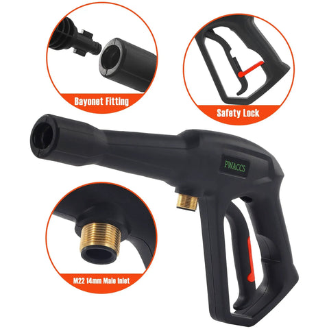Pressure Washer Gun Replacement With Extension Wand Kit For Electric Washers showcasing fittings and safety lock features