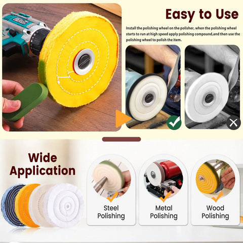 8pc 6-inch buffing wheel kit for bench grinder, 1/2" arbor; denim/yellow/white/flannel wheels with 4 compounds