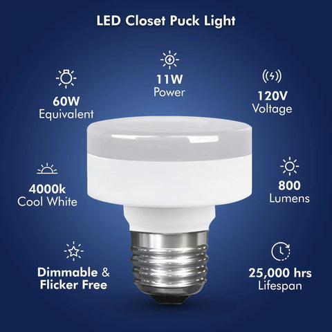 Ultra Slim Dimmable LED Puck Light With E26 Base 11W 800 Lumens 4000K Cool White Flat Low Profile Design