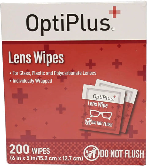 OptiPlus box of Premoistened Eyeglass Wipes For Glasses Phones Lenses And Screens Quick Dry Scratch Free Cleaning Wipes Individually Wrapped 200 Count Pack For Easy On The Go Care