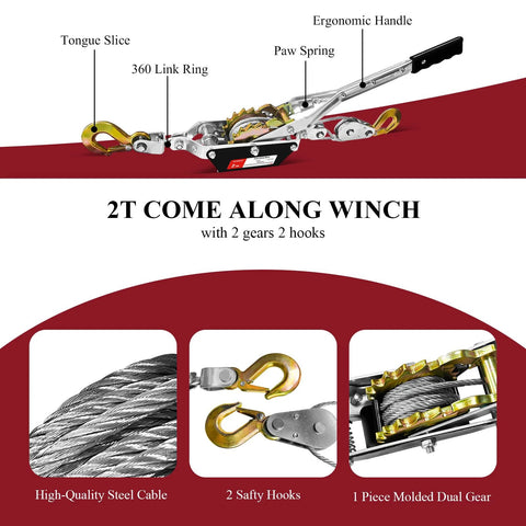 2 Ton 4480 Lbs Come Along Winch With 7 Foot Steel Cable Dual Gear Ratchet Power Puller With Two Hooks, product features illustration