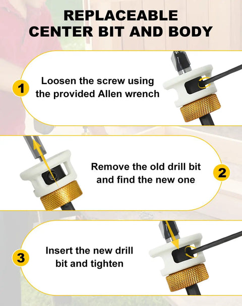 Steps to replace center bit on Carbide Tipped Countersink Drill Bit Set With Low Friction Depth Stop And Adjustable Pilot Quarter Inch Quick Change Hex Shank