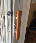 Sliding Patio Door Handle Set With Oak Interior And White Diecast Pull Mortise Lock And 45 Degree Keyway Fits Three To Fifteen Sixteenth Inch Screw Hole Spacing Non Keyed With Latch Locks Replacement For Worn Or Broken Sliding Glass Door Hardware installed