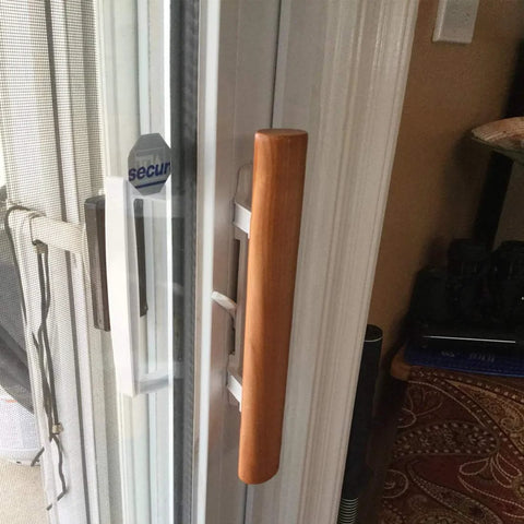 Sliding Patio Door Handle Set With Oak Interior And White Diecast Pull Mortise Lock And 45 Degree Keyway Fits Three To Fifteen Sixteenth Inch Screw Hole Spacing Non Keyed With Latch Locks Replacement For Worn Or Broken Sliding Glass Door Hardware installed