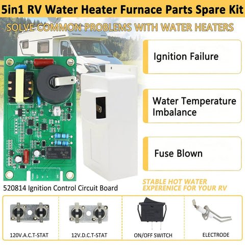 Top Travel Trailer Water Heater Repair Kit With Control Board Thermo Assemblies Electrode And Rocker Component For 12V Systems Fix Startup And Temp Glitches Fast - Ignition control circuit board with components.