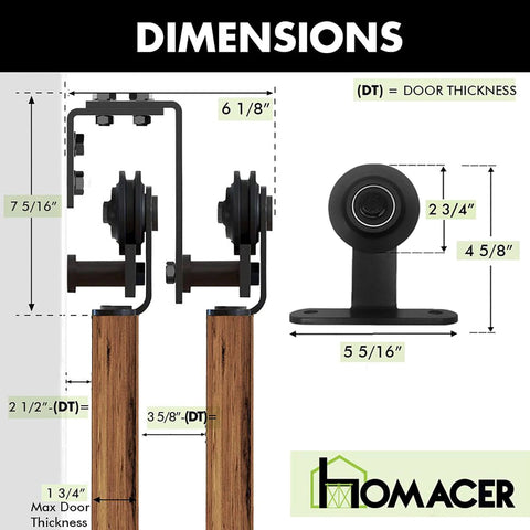 Black Rustic Double Track U Shape Bypass Sliding Barn Door Hardware Kit dimensions with T Shape Rollers visible