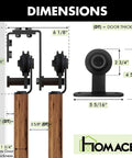 Image showing dimensions of Rustic Black Double Track Bypass Sliding Barn Door Hardware Kit For Two Doors 20ft Flat Track With U Shape Brackets And T Shape Rollers Space Saving Quiet Smooth Operation Easy Install Heavy Duty.